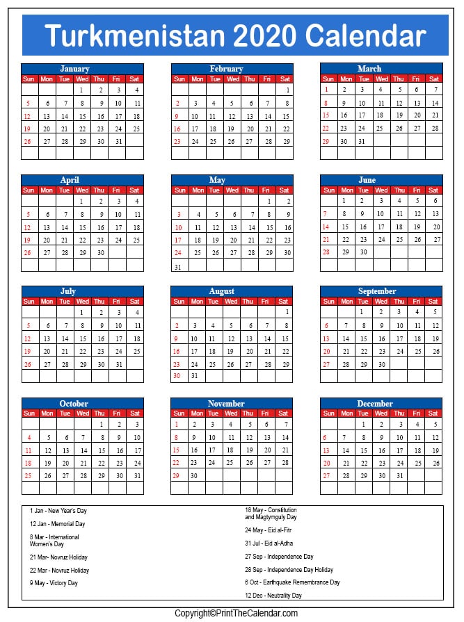 Turkmenistan Printable Calendar 2020